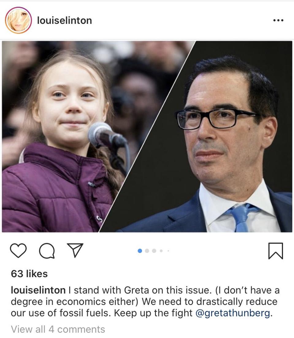 Louise Linton posts support of Greta Thunberg on Instagram.