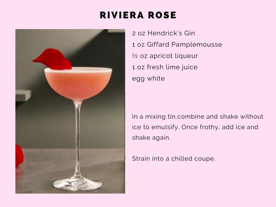 The Riviera Rose cocktail recipe uses Hendrick's Gin and apricot liqueur.