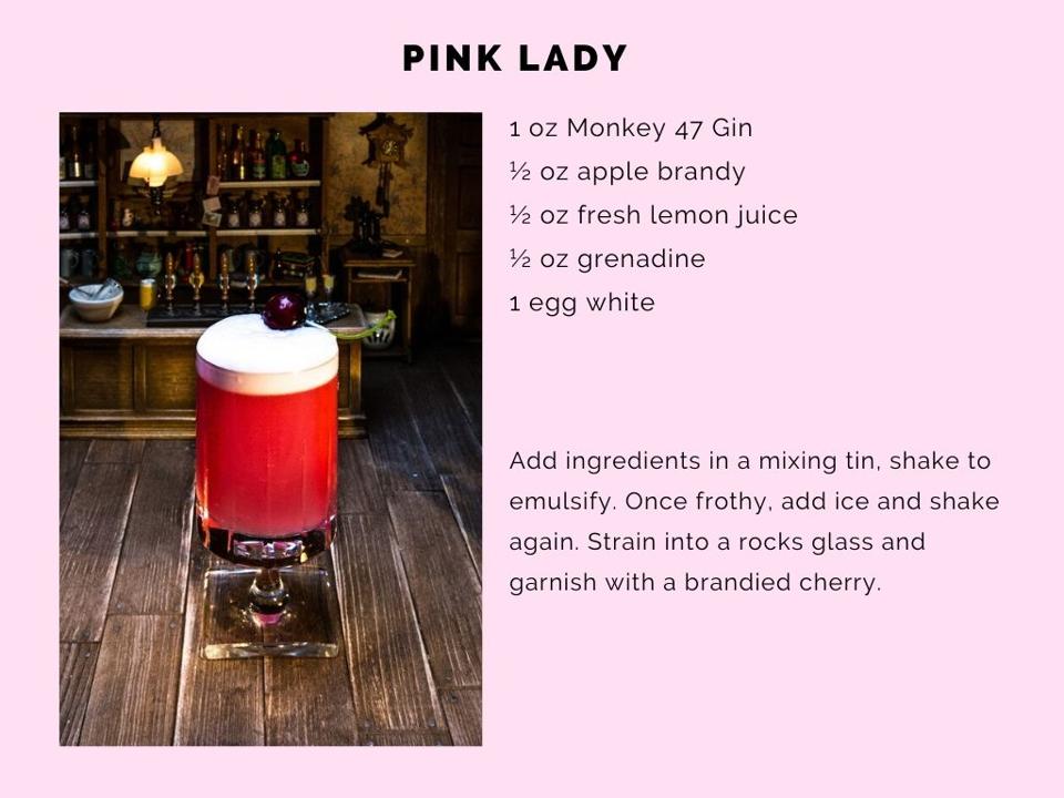 The Pink Lady cocktail with Monkey 47 gin and apple brandy.