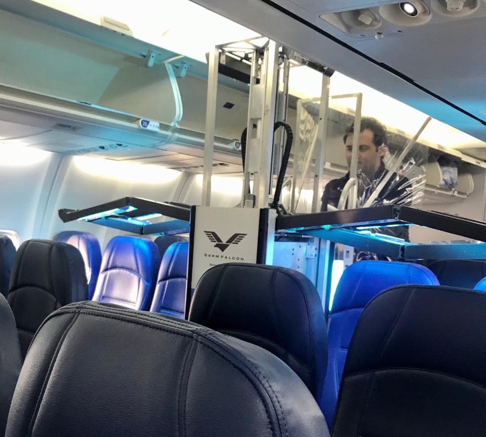 Dimer's GermFalcon in action on an airplane at LAX.