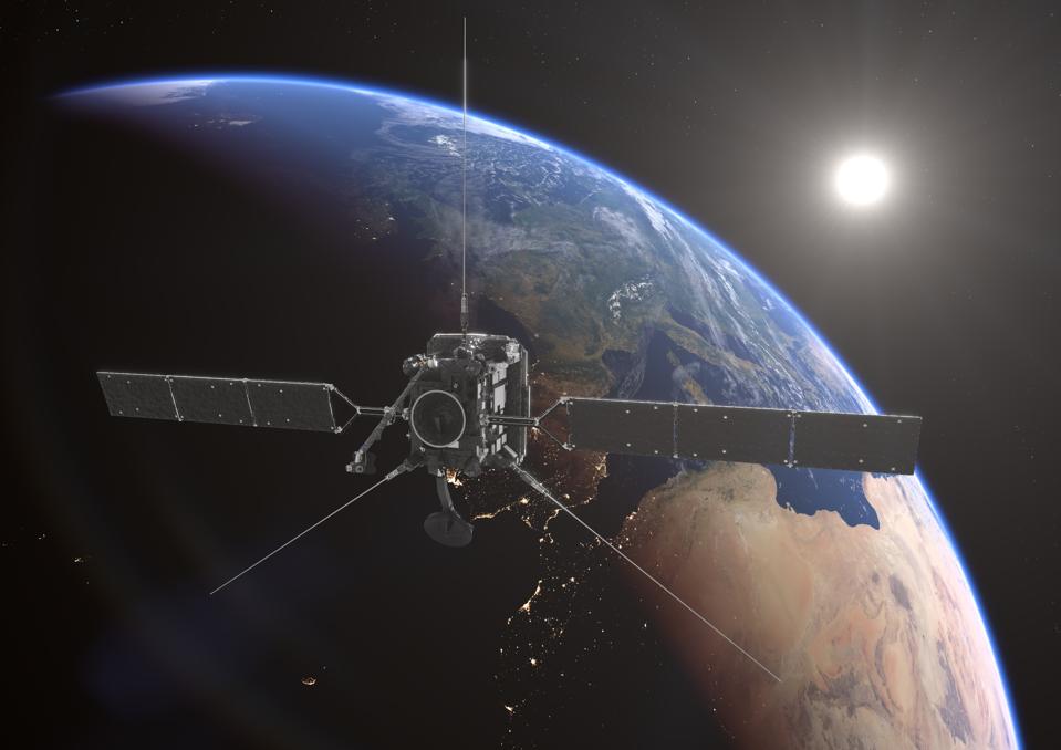 Artist's impression of Solar Orbiter making a flyby at Earth.