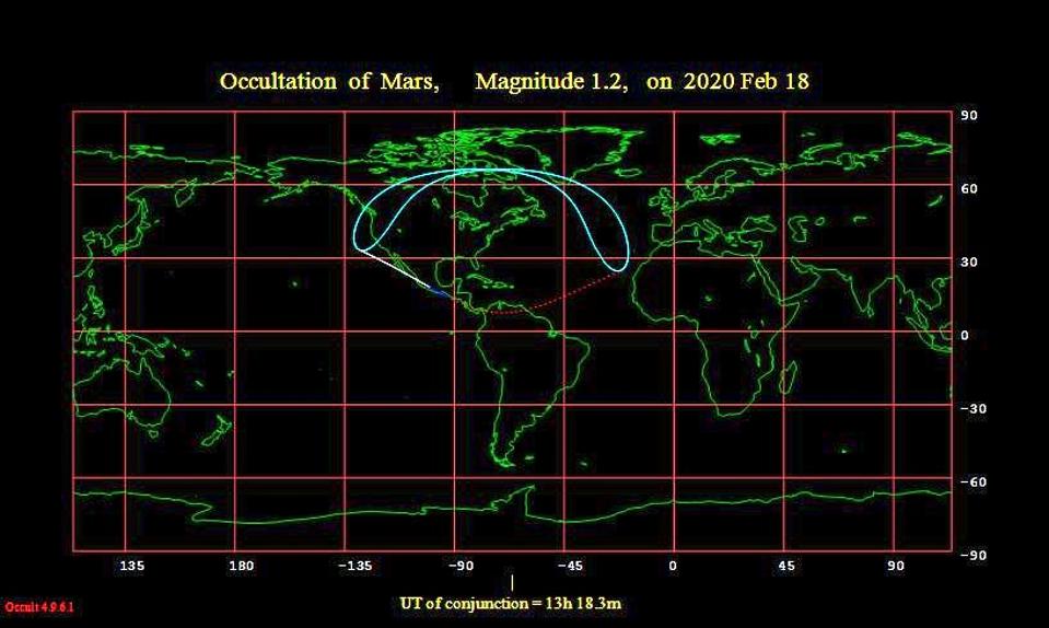 A map from the International Occultation Timing Association showing Moon-Mars occultation predictions of Mars for February 18, 2020.