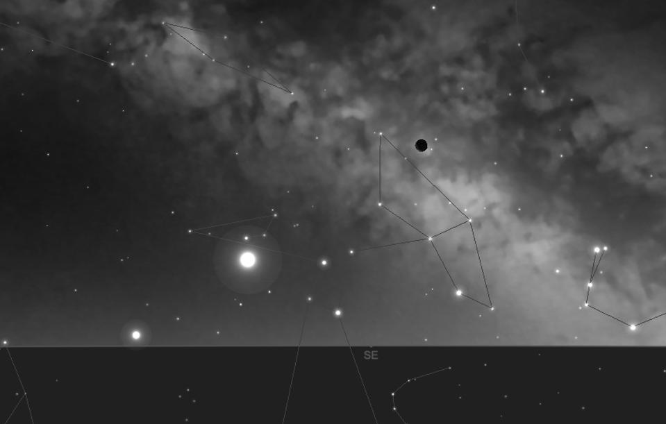 The southeastern sky on February 18 showing Saturn (far left, just above the horizon), Jupiter, and the moon and Mars.