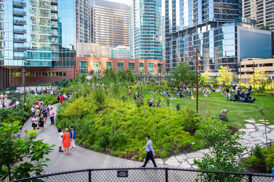 Bennett Park in Chicago includes a children’s playground, dog runs and open green space. 