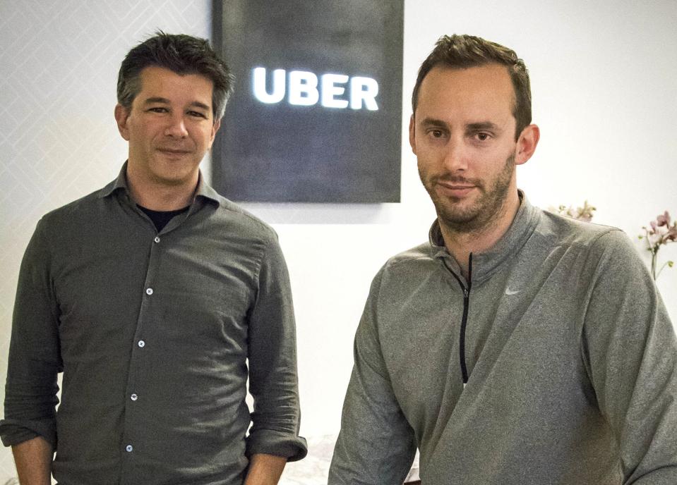 Former Uber CEO Travis Kalanick, left, and Anthony Levandowski in 2016.