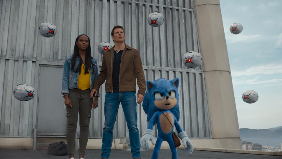 Tika Sumpter, James Marsden, and Sonic (Ben Schwartz) in SONIC THE HEDGEHOG