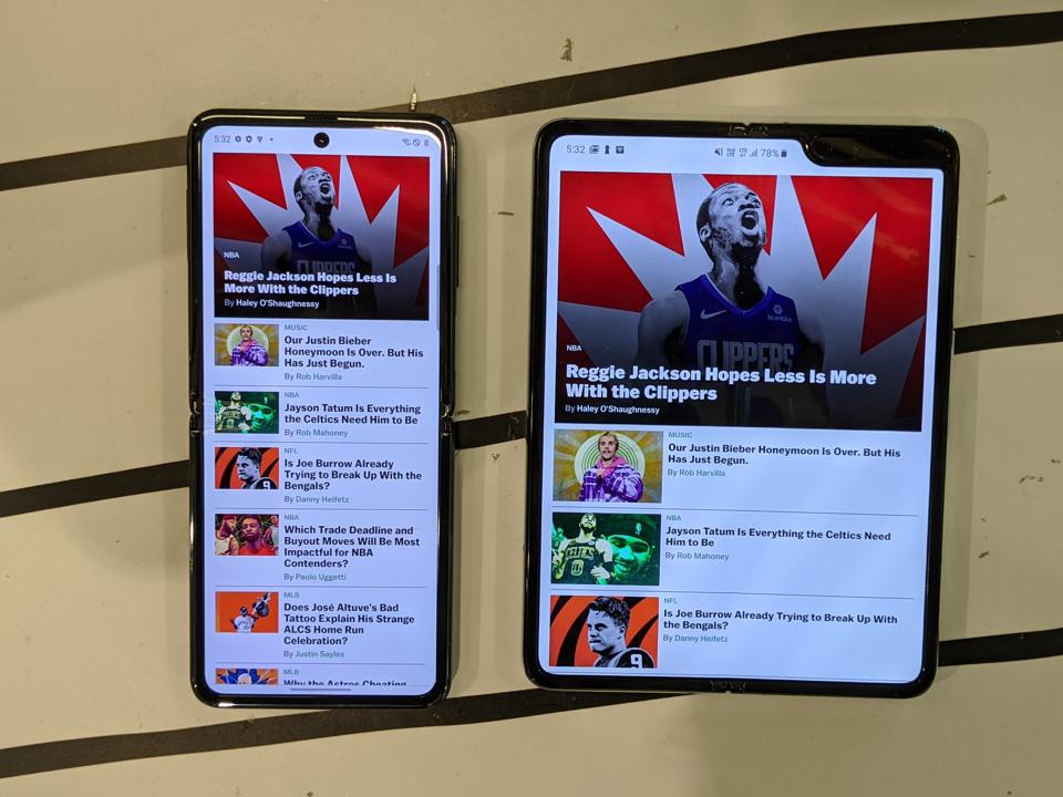 The Z Flip (left) next to the Galaxy Fold. I prefer the larger screen,