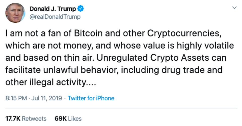 Tweet by the U.S. President on cryptocurrencies