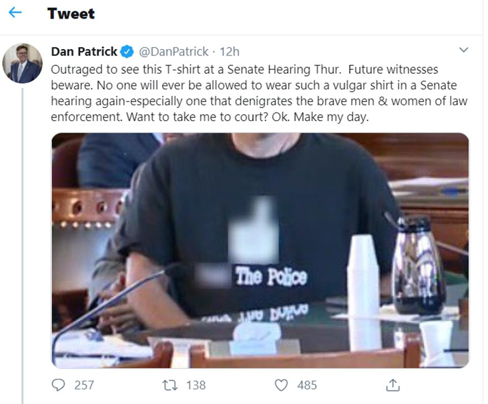 F*** the Police shirt worn at a recent Texas Senate hearing.