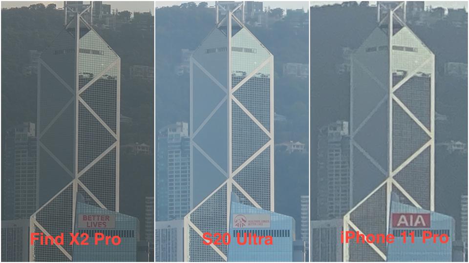 10X zoom shots captured by Oppo's, Samsung's and Apple's phones.