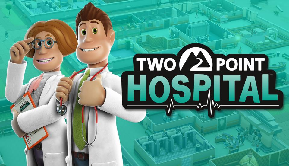The Two Point Hospital logo and two characters from the game