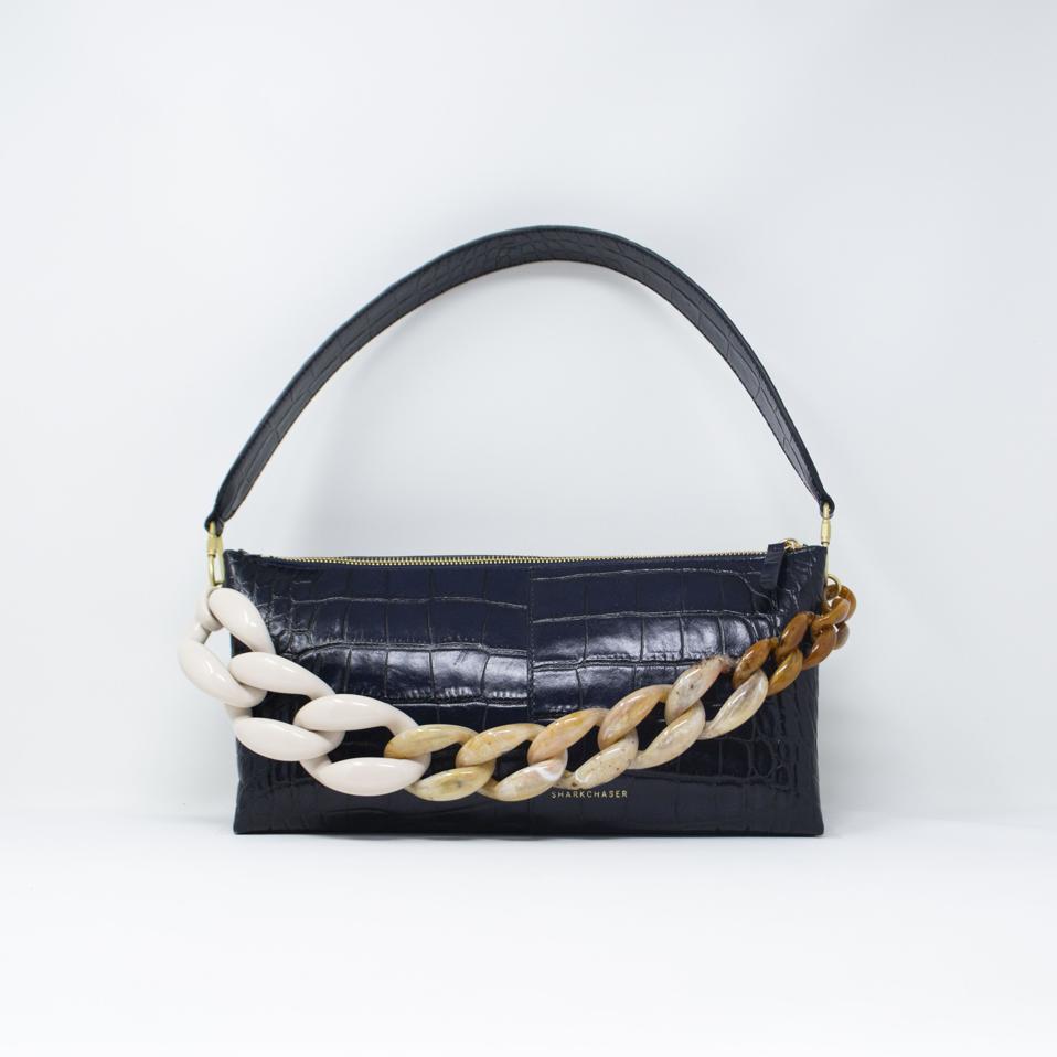 Navy Croc Triangle Baguette with Oversized toffee resin chain