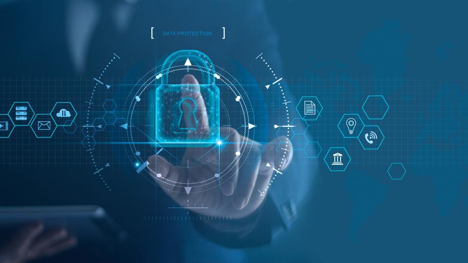 Cyber security network. Padlock icon and internet technology networking. Businessman protecting data personal information on tablet and virtual interface. Data protection privacy concept.