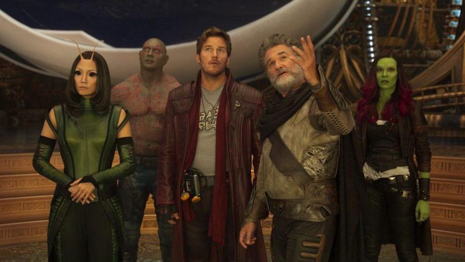 Guardians Of The Galaxy Vol. 2..L to R: Mantis (Pom Klementieff), Drax (Dave Bautista), Star-Lord/Peter Quill (Chris Pratt), Ego (Kurt Russell) and Gamora (Zoe Saldana)