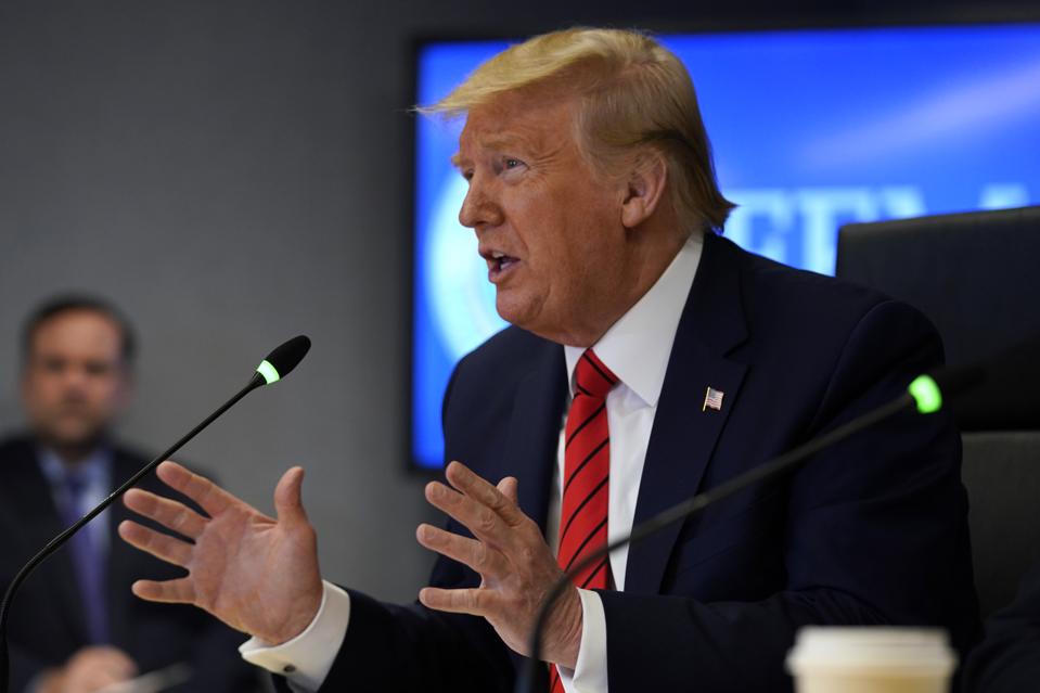 President Donald Trump speaks during a teleconference with governors at the Federal Emergency Management Agency headquarters,on March 19, 2020 in Washington, DC. (Photo by Evan Vucci-Pool/Getty Images)