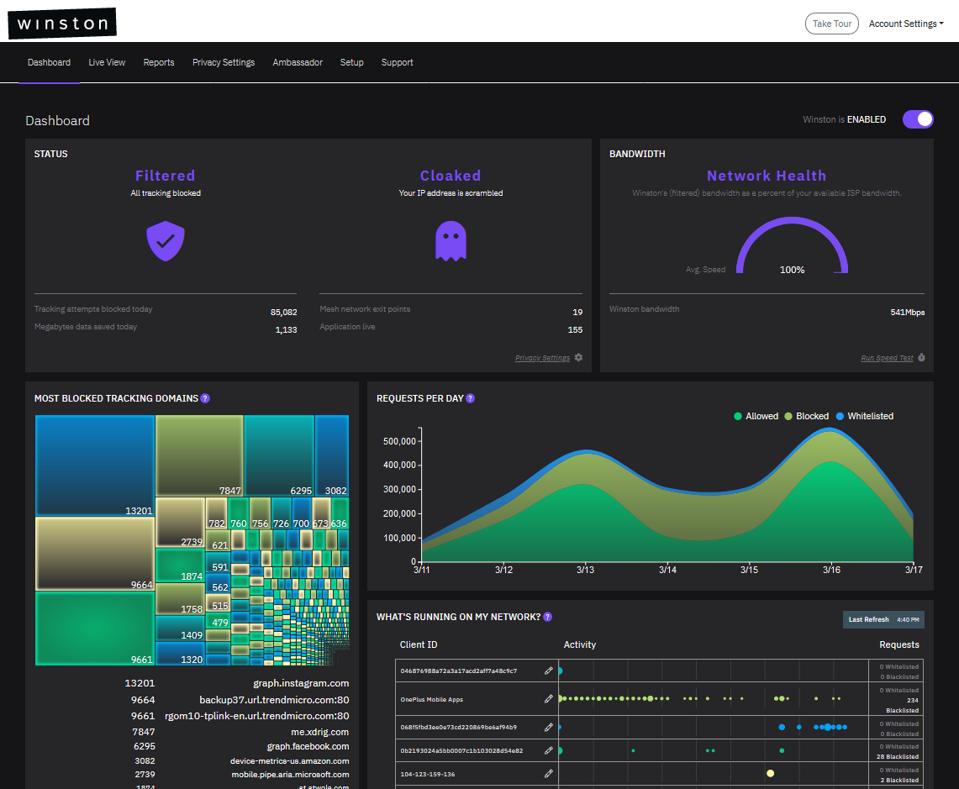 Winston Privacy's Dashboard