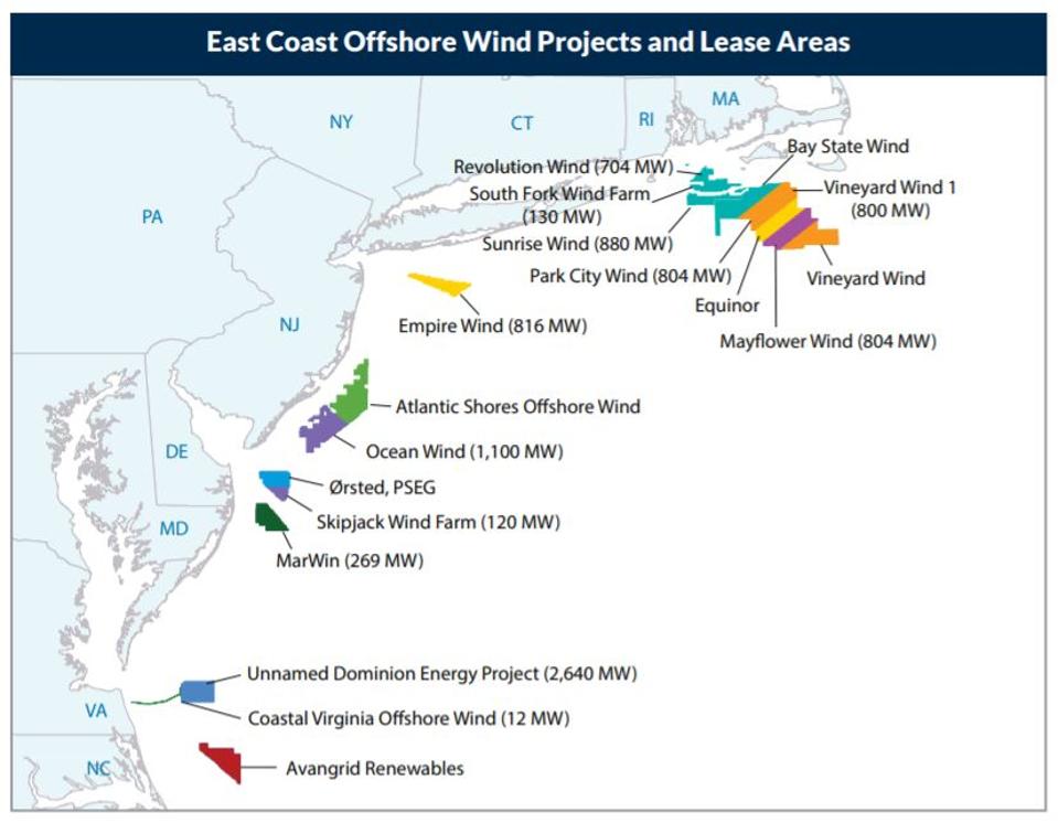 East Coast offshore wind projects and lease areas