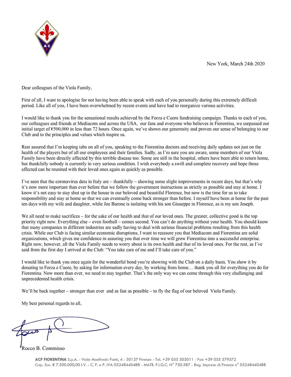Fiorentina Owner Rocco Commisso Leads The Way In Caring For His Staff In Uncertain Times