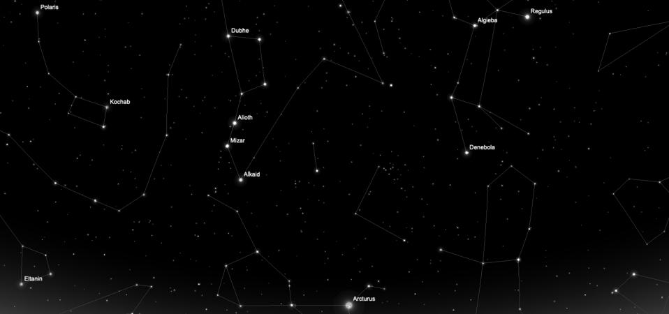 Look east during ″Earth Hour″ and you'll see the stars of the ″Big Dipper,″ as well as springtime stars such as Arcturus (low on the horizon) and the stars of Leo.