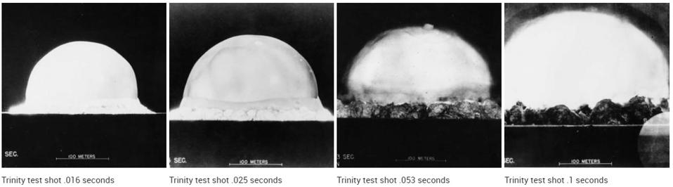 These four panels show the Trinity test explosion, 16, 25, 53, and 100 ms after ignition.
