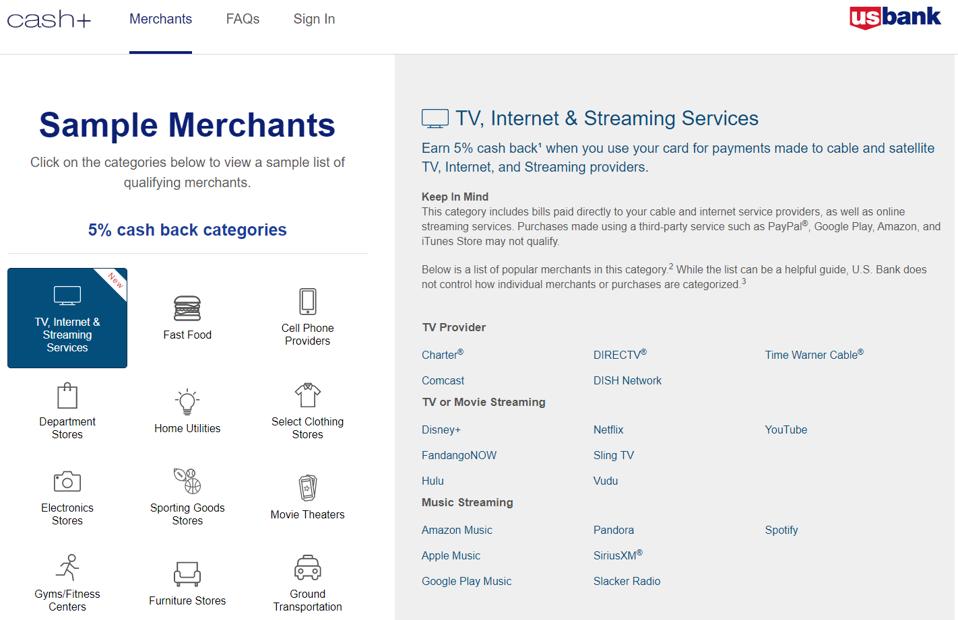 U.S. Bank sample merchants for the 5% cash back categories on the cash+ card