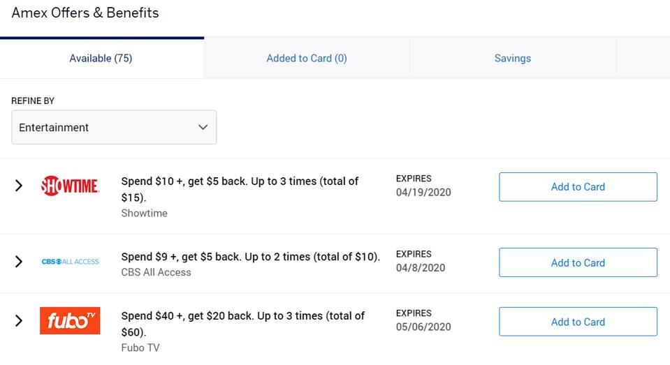 Sample Amex Offers for Showtime, CBS All Access and Fubo TV