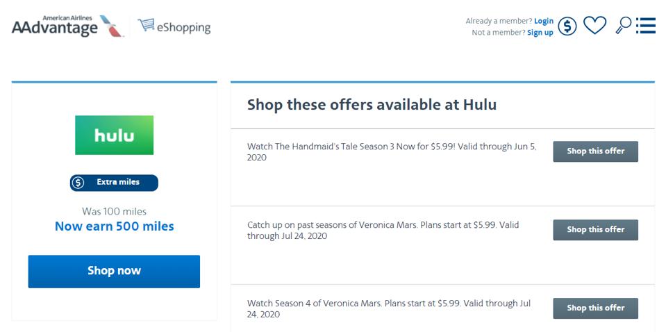 American Airlines AAdvantage eShopping earnings rate on hulu.