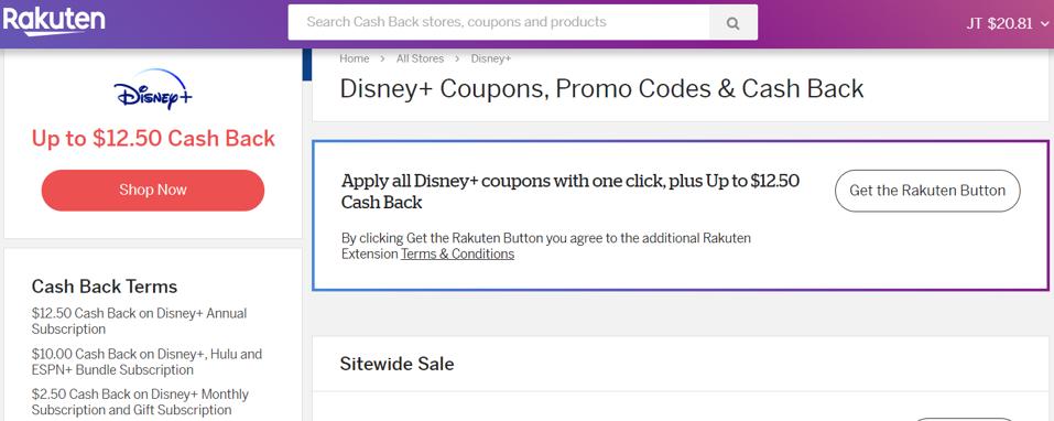 Rakuten shopping portal earnings rate on Disney+ purchases.