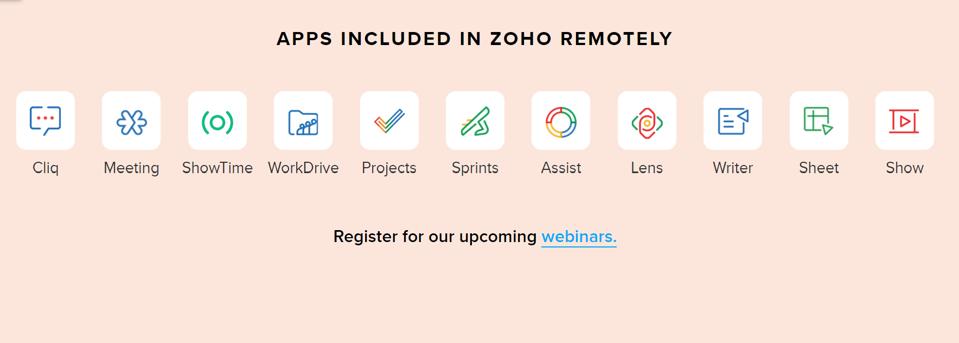 Zoho remotely offers a suite of web and mobile apps for collaboration, communication, and productivity
