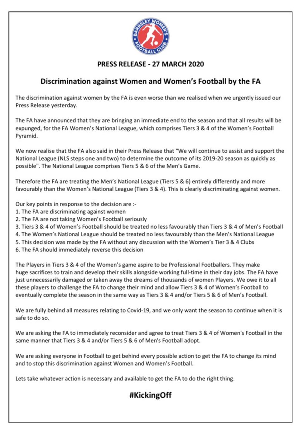 Barnsley Women S Fc Believe Cancellation Of Season Amounts To