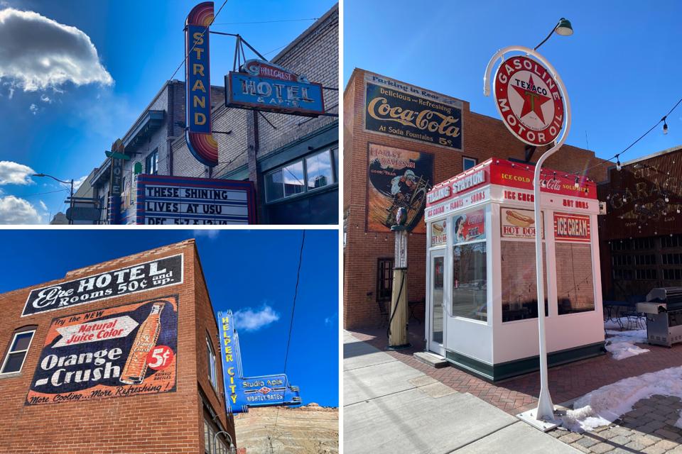Historic signs and buildings in Helper, Utah.