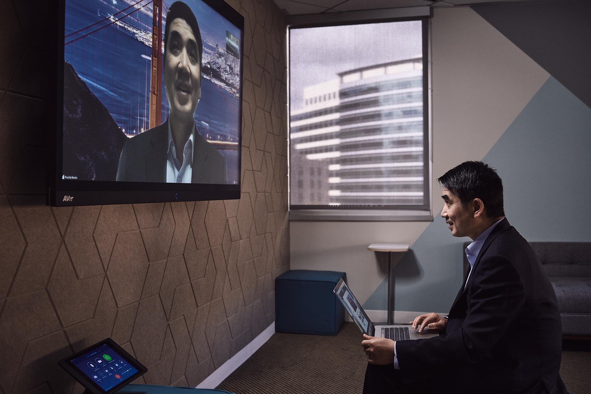 Zoom CEO Eric Yuan is seen here using his own videoconferencing tools in 2019.