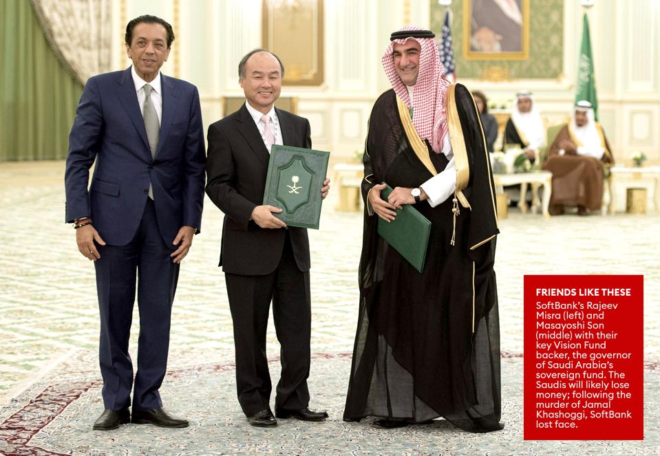 SoftBank’s Rajeev Misra (left) and Masayoshi Son (middle) with their key Vision Fund backer, the governor of Saudi Arabia’s sovereign fund. The Saudis will likely lose money; following the murder of Jamal Khashoggi, SoftBank lost face.