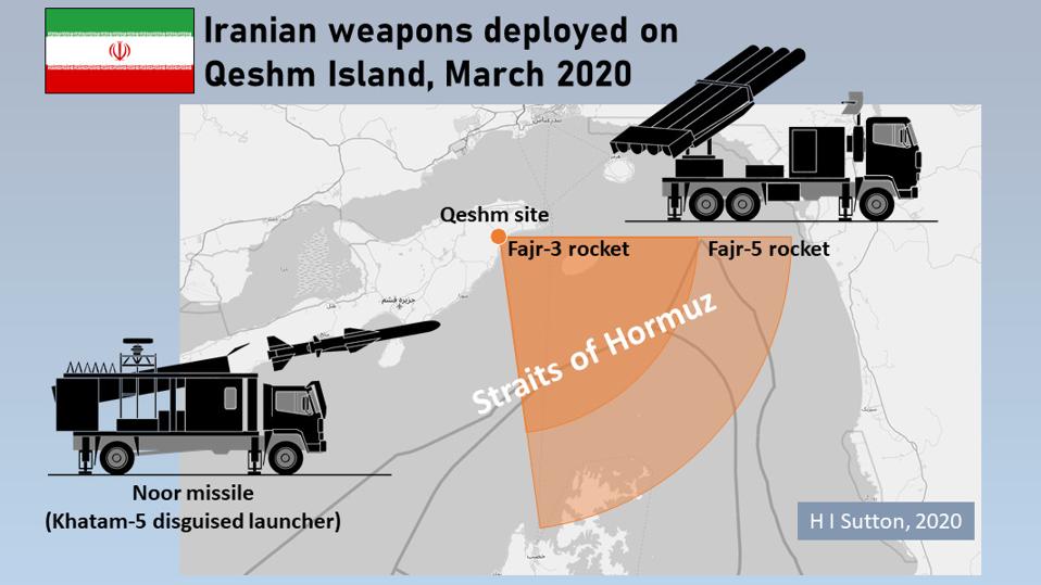 Iranian Noor anti-ship missile and Fajr MLRS deployed on Qeshm Island, March 2020