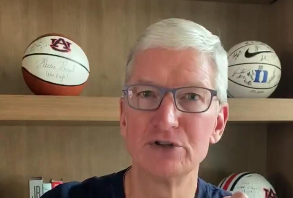 Screenshot of Apple CEO Tim Cook announcing new face masks, face shields for Coronavirus fight