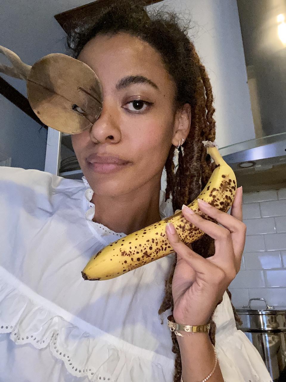 Aurora James at home in Brooklyn, New York. Cooking and coping.
