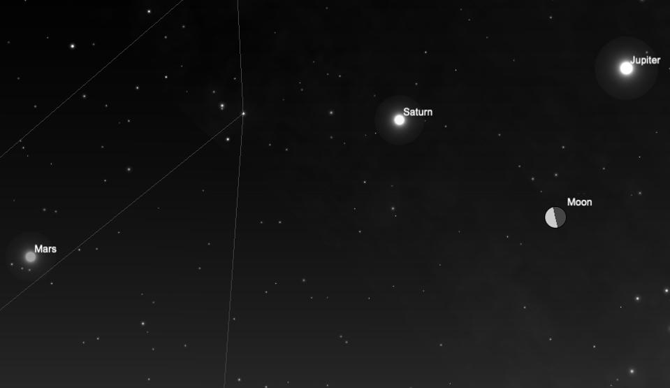 Wednesday before dawn: the moon between Saturn and Jupiter.