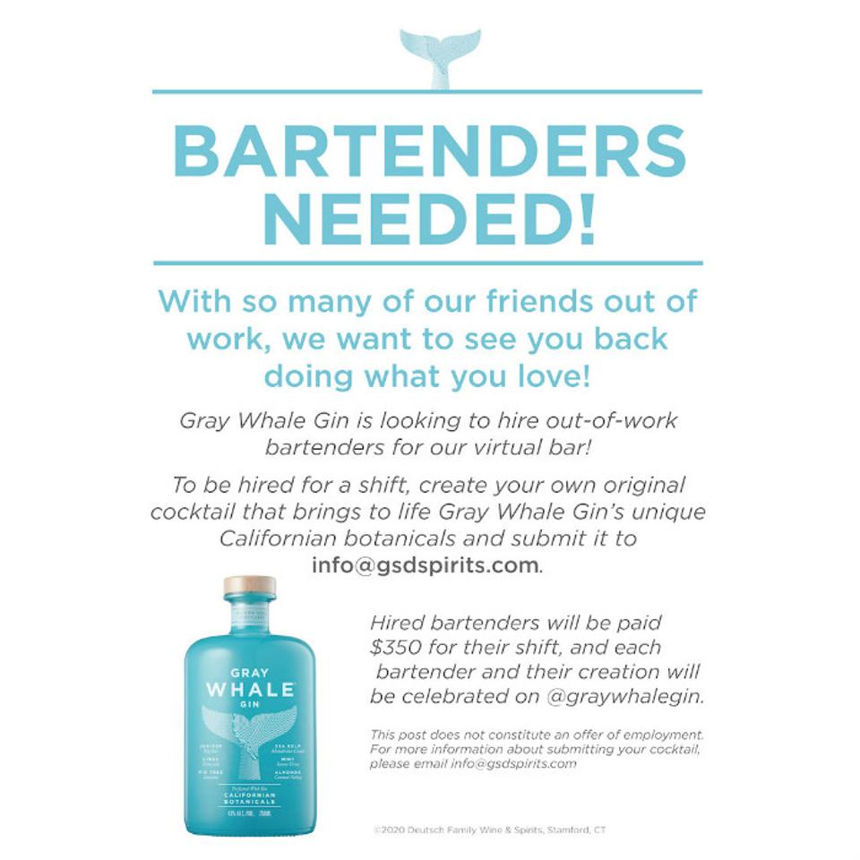 Gray Whale Gin Bartenders Needed