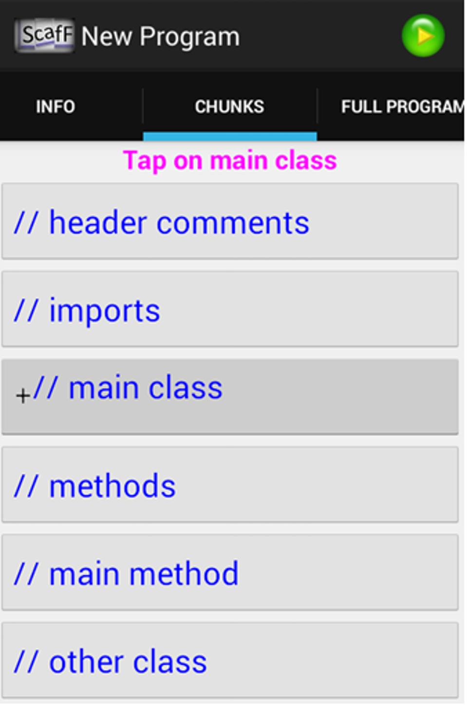 smartphone screen image, with menu options like ″header comments″ and ″main class″