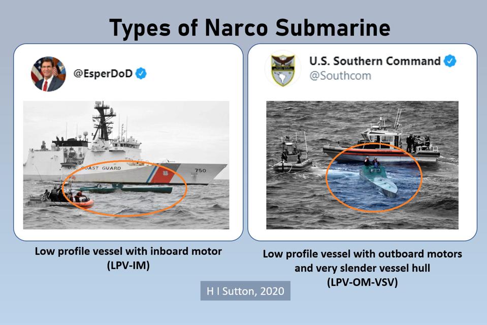Tipos de narco submarinos mostrados en tuits por el Secretario de Defensa Esper y el Comando Sur de los EE. UU.