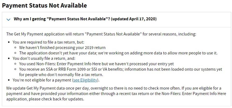 Irs Explains The Payment Status Not Available Stimulus Check Error Irs Explains The Payment Status Not Available Stimulus Check Error