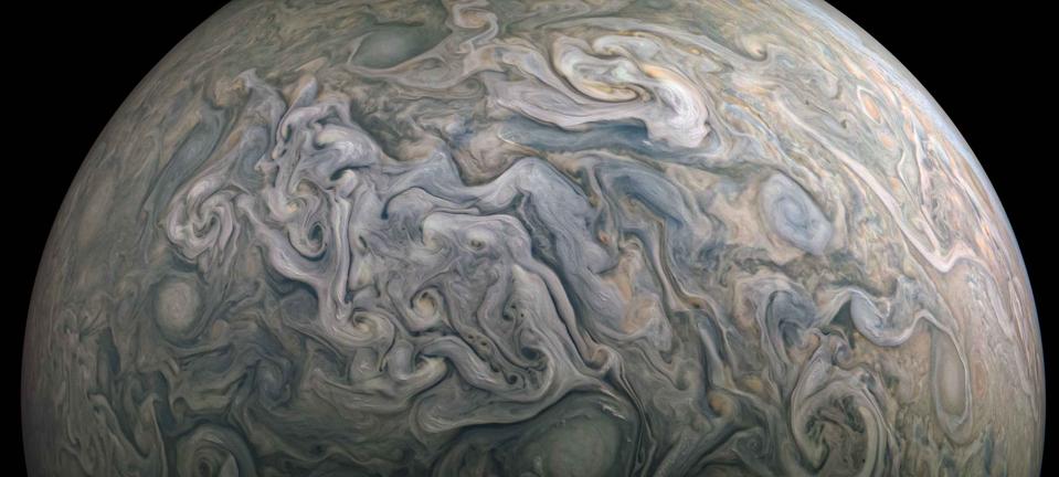 Atmospheric jets in Jupiter's northern mid-latitude region captured last week by NASA’s Juno mission, and processed by citizen scientist Kevin M. Gill.