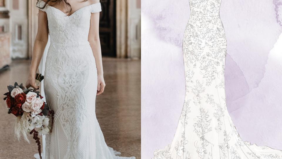 A bride wearing a dress created using the Anomalie Dress Builder technology.