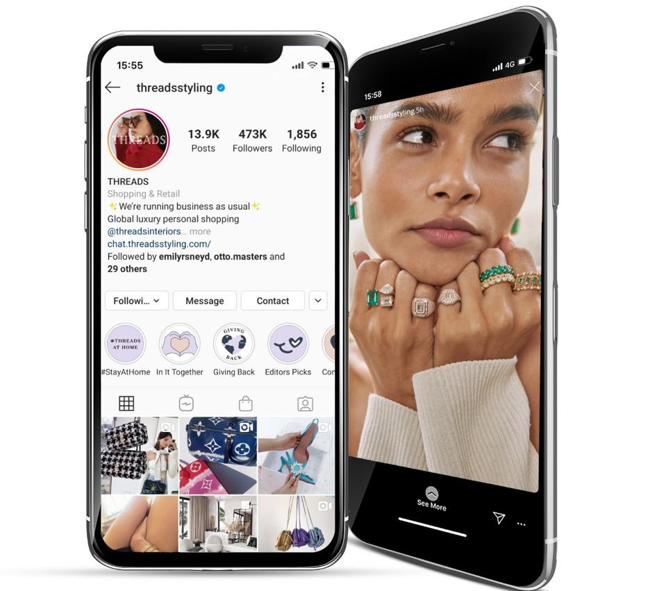 Two iPhone screens displaying the ThreadsStyling Instagram home page and a feed image.