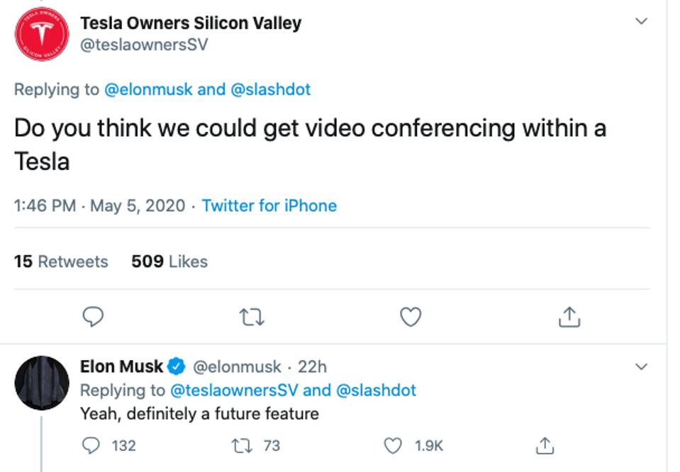 A screenshot from Twitter with Elon Musk's reply to a question about video conferencing in a Tesla