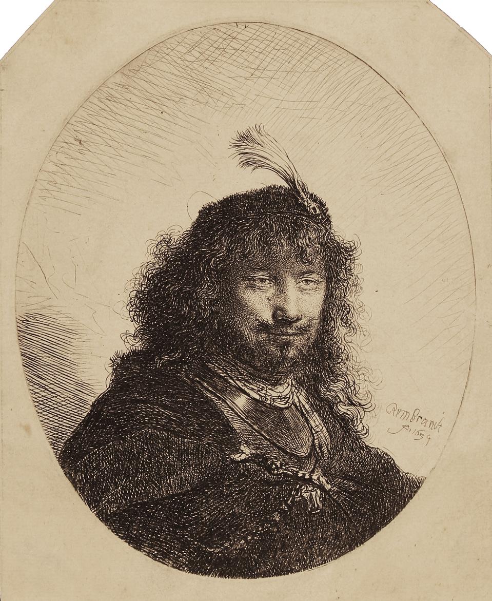 Rembrandt Harmenszoon van Rijn etchings on display at the Elverhoj Museum of History & Art, in Solvang, CA: 'Self-Portrait with Plumed Cap and Lowered Sabre.' Etching on paper, 1634.