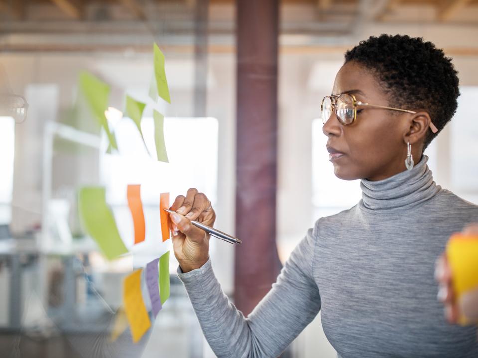 Business people brainstorming using sticky notes