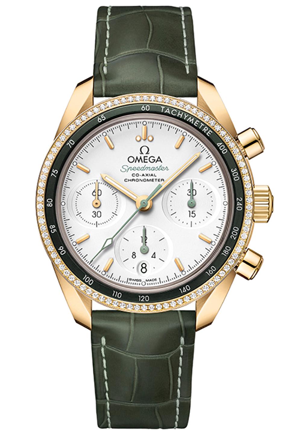 The Omega Speedmaster 38 in 18k yellow gold with 90 diamonds set into the outer bezel.