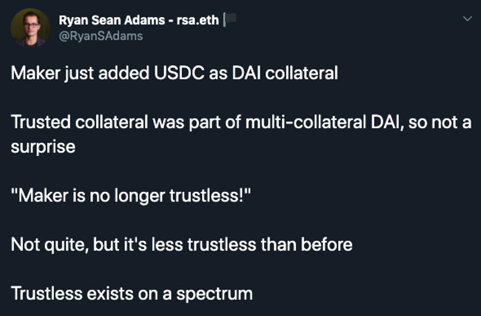 Ethereum advocates criticize MakerDAO's inclusion of centralized tokens WBTC and USDC.