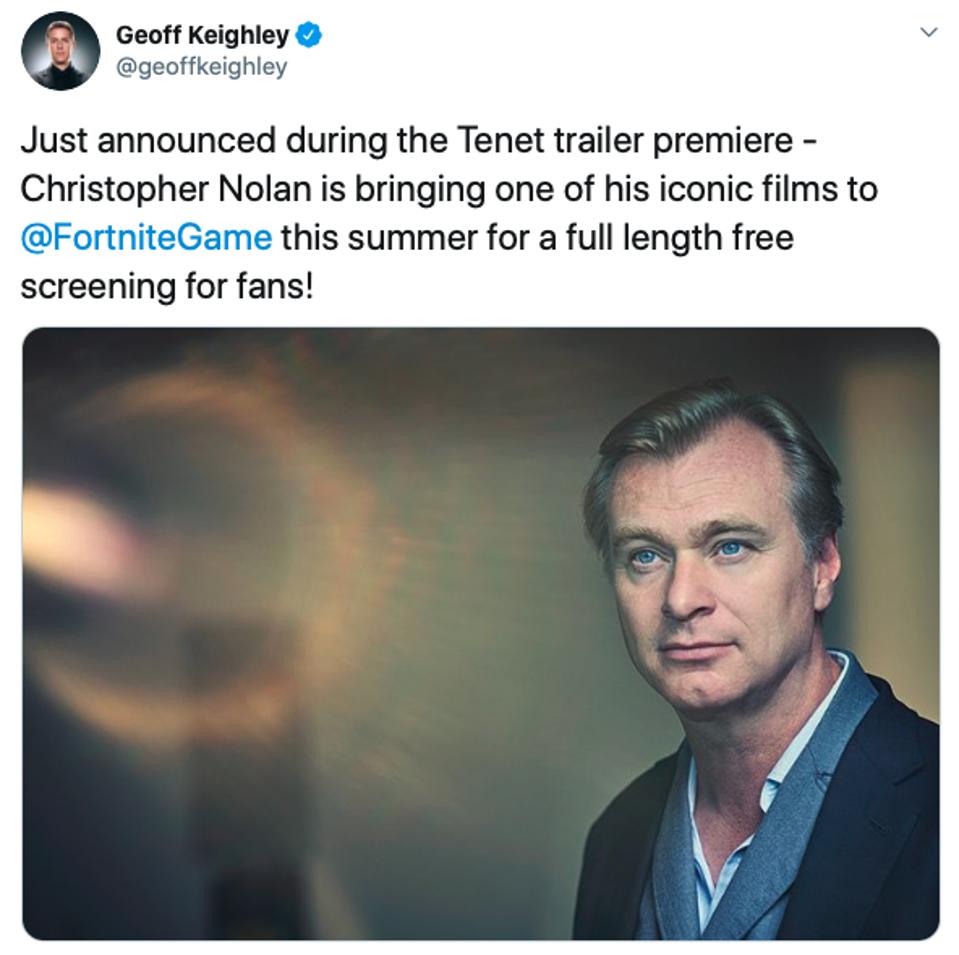 Screenshot of a tweet announcing the screening of a Christopher Nolan movie in Fortnite this summer.